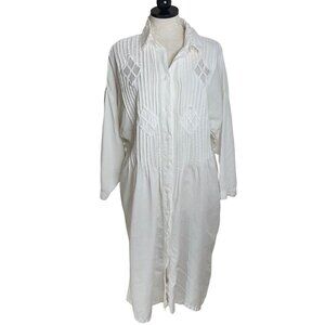Vintage Womens Dress Size Large White Mesh Applique Midi Button Down Pockets